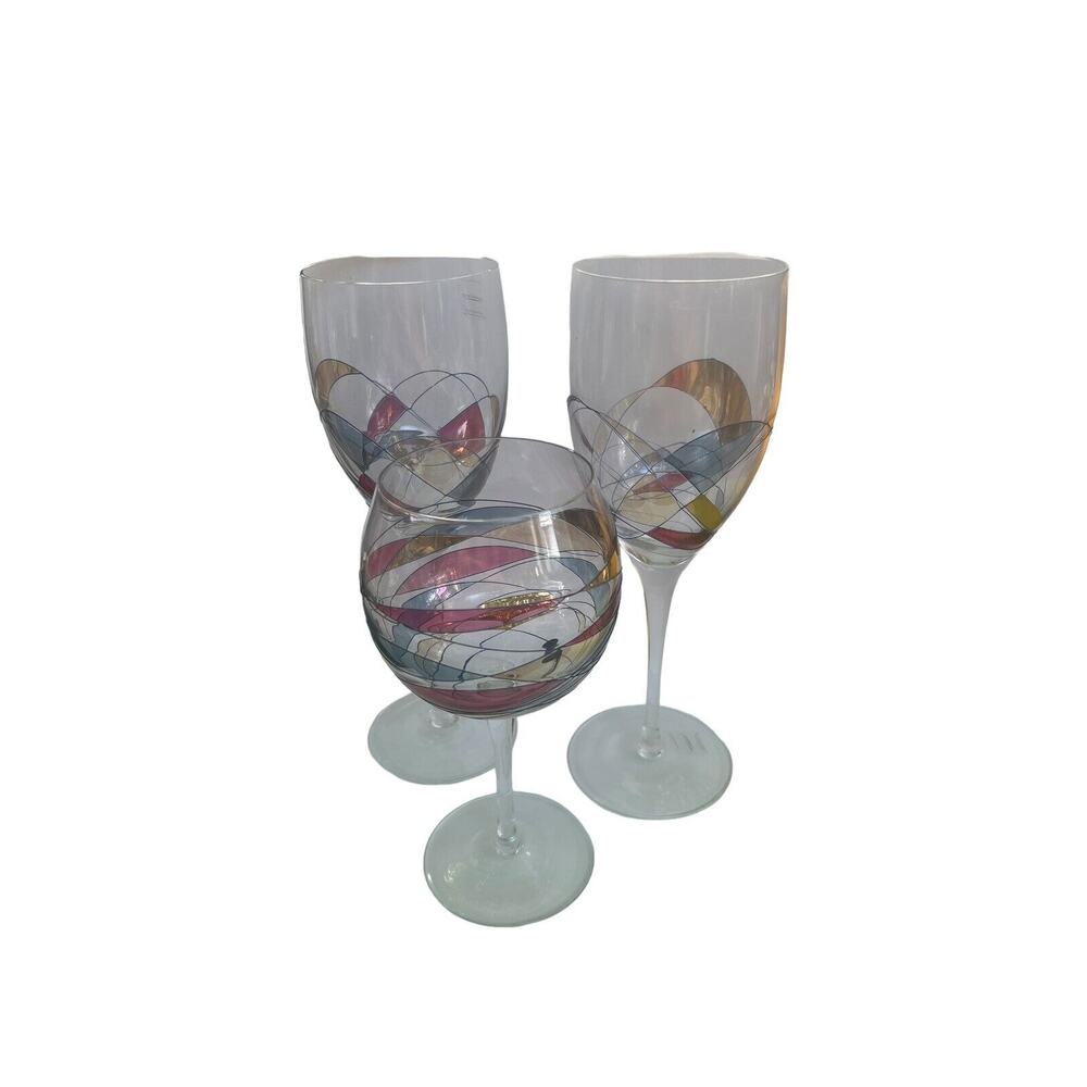 VTG Milano Luminescence Set of 3 Multicolor Mosaic Wine Glasses Hand Blown